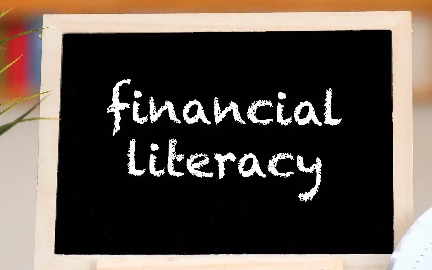 The word financial literacy written on a small chalk board
