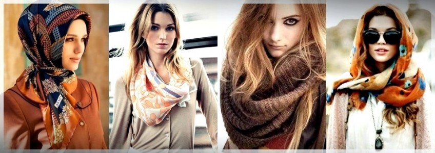 Series of stylish women each wearing a scarf or bandana in different ways, from head coverings to neck scarves, showcasing the accessory's versatility in female fashion.