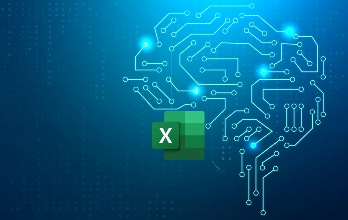 Digital brain circuit design with glowing connections, overlayed by the Microsoft Excel logo, suggesting the use of advanced, intelligent computing within Excel.