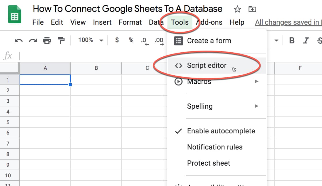 Google Spreadsheet Script Editor code for connecting Google Sheets to a database.