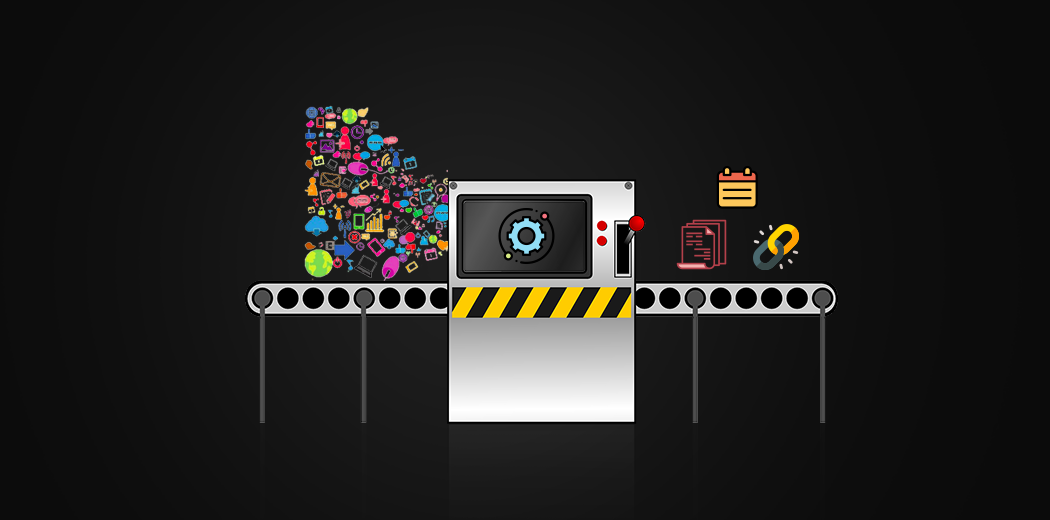 Resources-and-continuingtylized conveyor belt graphic with an assortment of icons and symbols, likely representing a process of sorting or synthesizing information, concepts, or data.-your-regex-journey