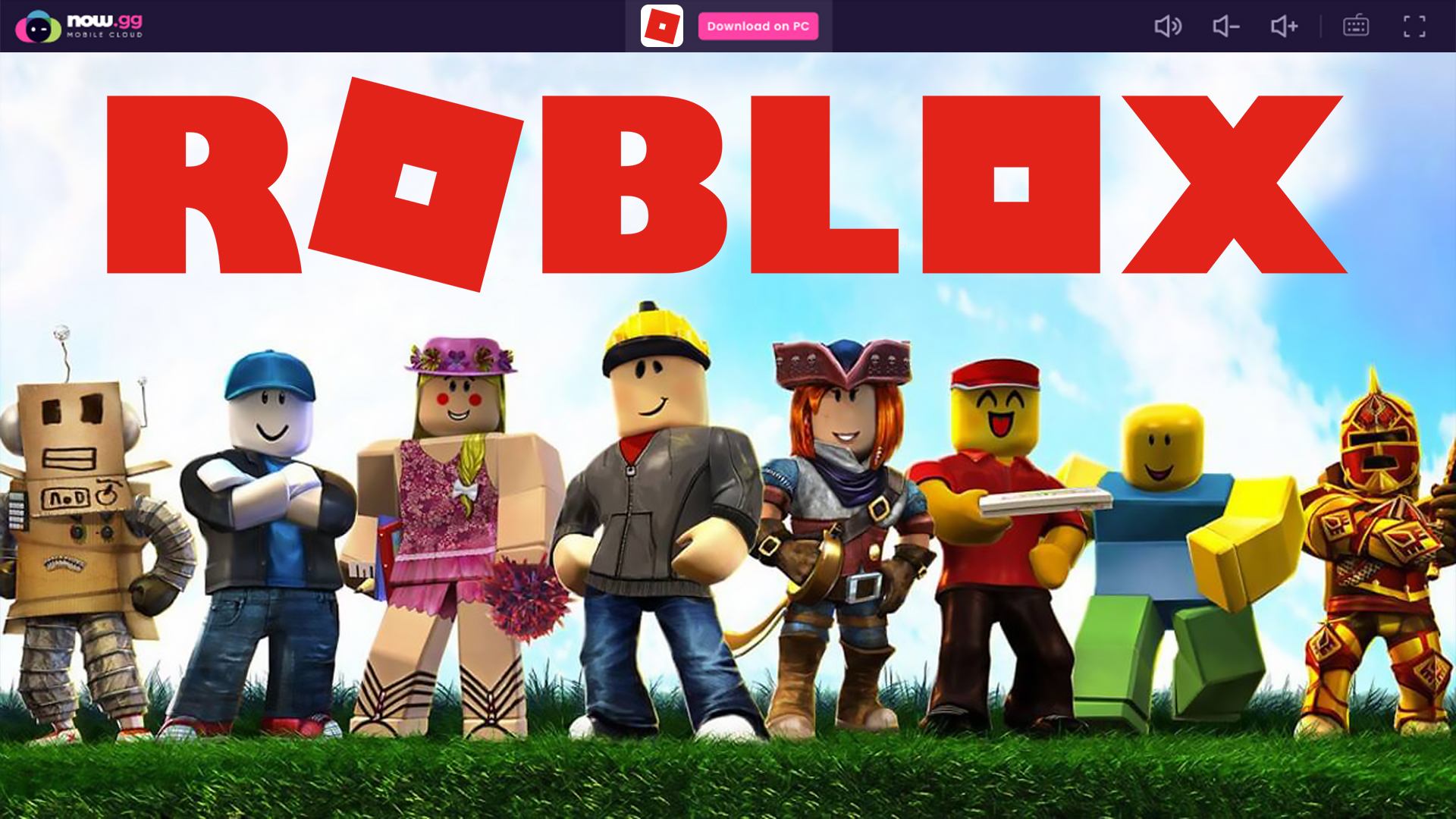 Roblox logo overlays diverse avatars on a grassy landscape with a clear sky.