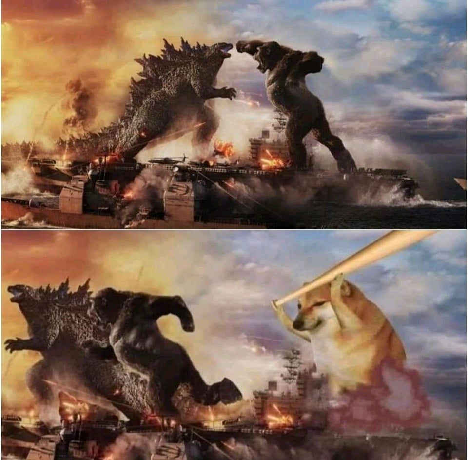 King kong and godzilla fights then running when dog attack on them