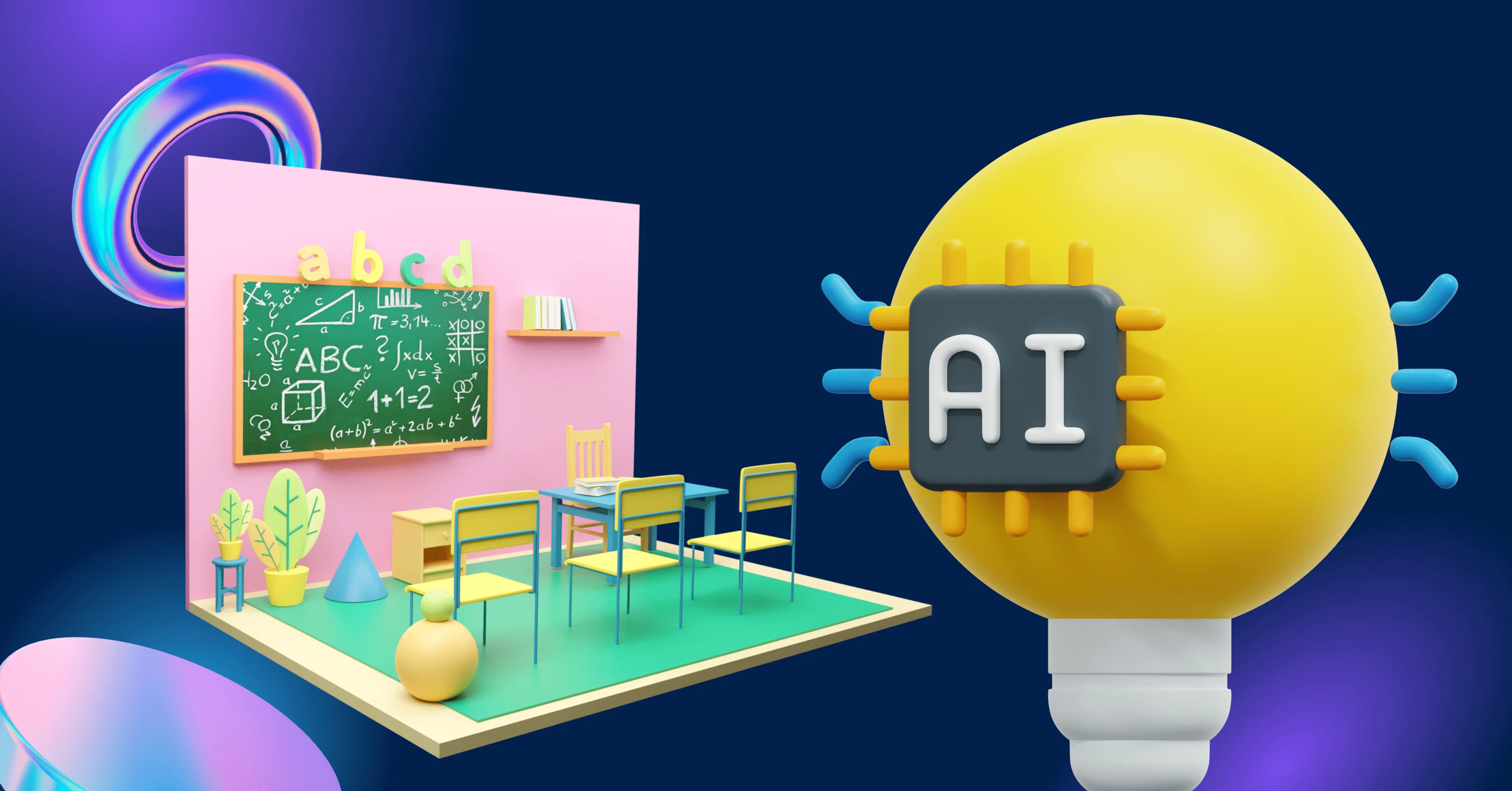 Stylized classroom setting with a blackboard displaying alphabets and simple math, contrasted with a large symbolic representation of AI (Artificial Intelligence), suggesting the integration of AI technology in education.
