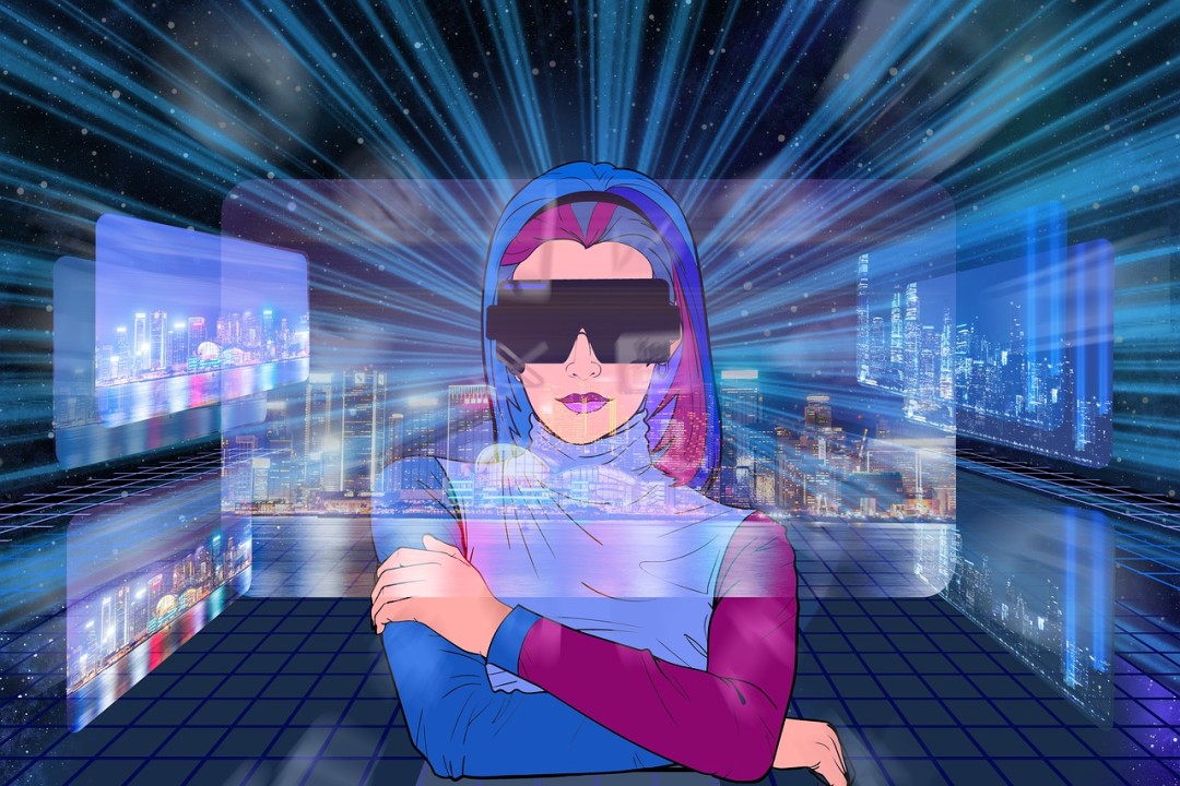 A character with a futuristic visor in a virtual reality environment, with a cyberpunk aesthetic featuring a cityscape and digital elements, suggesting immersion in a technologically advanced setting.