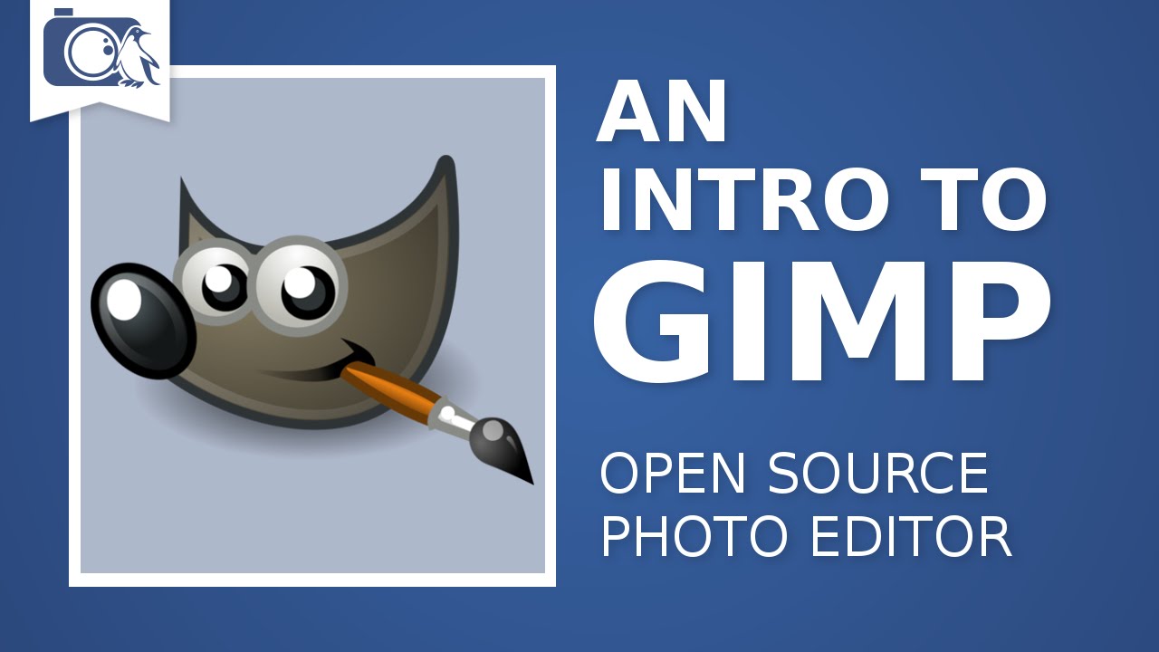 A graphic introduction to "GIMP," an open-source photo editor, featuring its recognizable mascot.