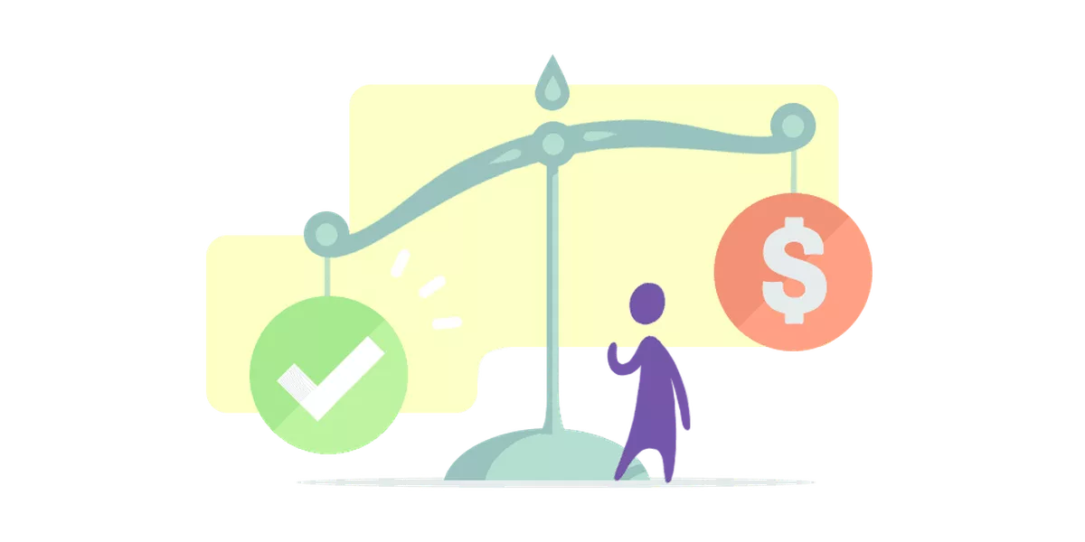 Stylized graphic of a balance scale with a check mark on one side, symbolizing correctness or approval, and a dollar sign on the other, suggesting a comparison between value and cost or a balance between quality and expense.