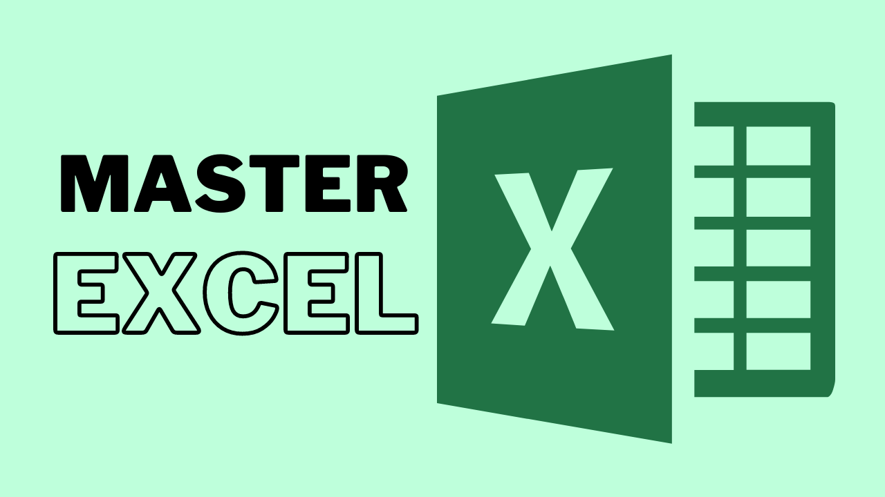 "MASTER EXCEL" alongside a stylized representation of the Microsoft Excel logo, likely intended to convey a theme of Excel proficiency or training.
