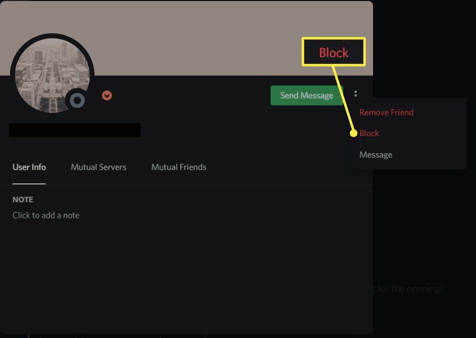 User interface from Discord with an open dropdown menu highlighting the option to "Block" another user, indicating a feature that allows users to restrict communications from others within the application.