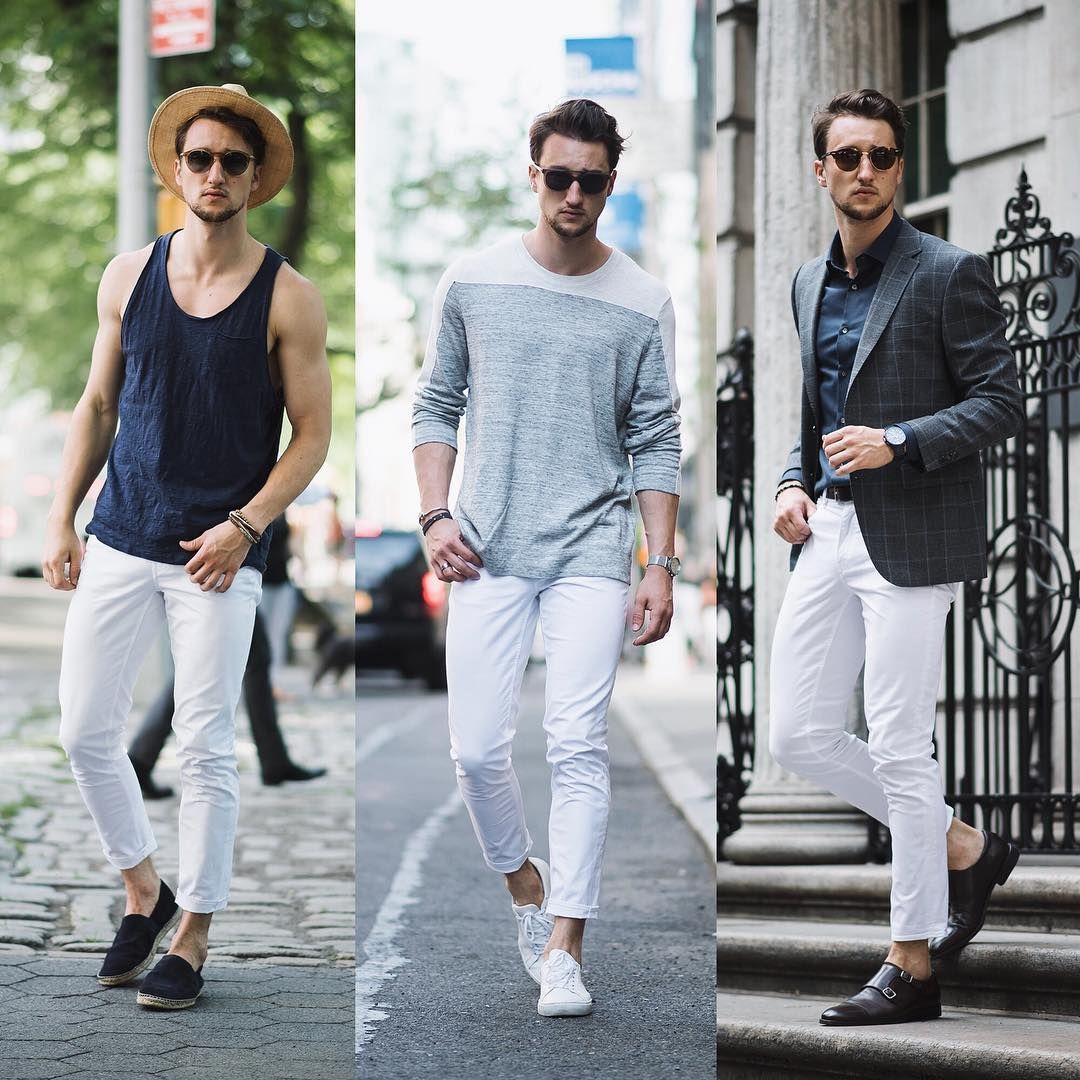 Collage of men wearing white jeans.