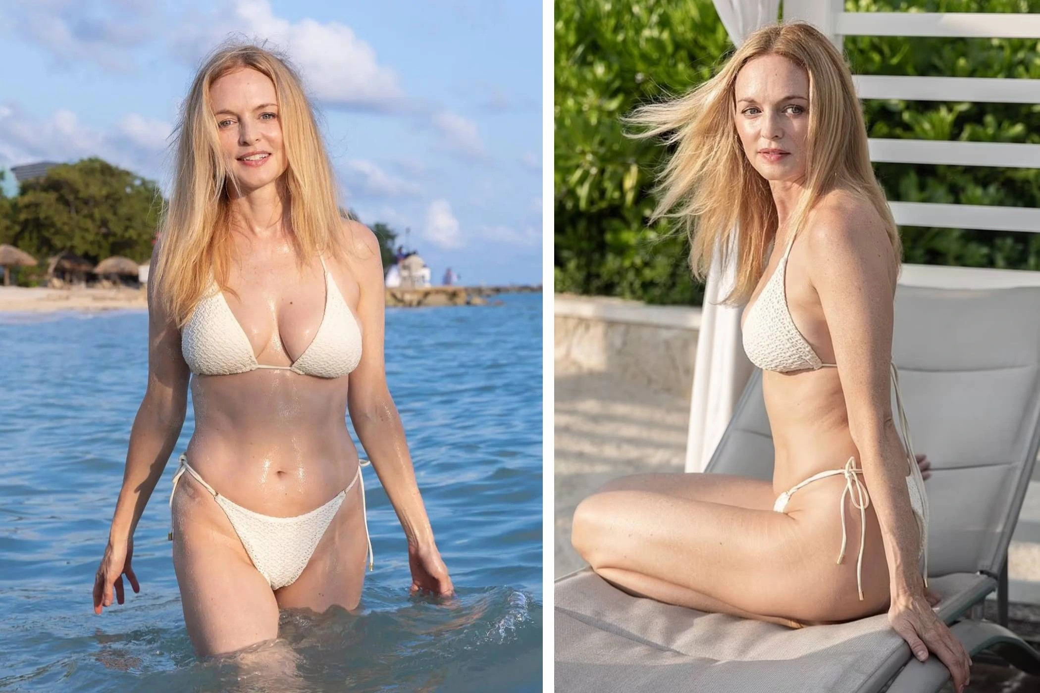 Heather Graham wearing a white bathing suit