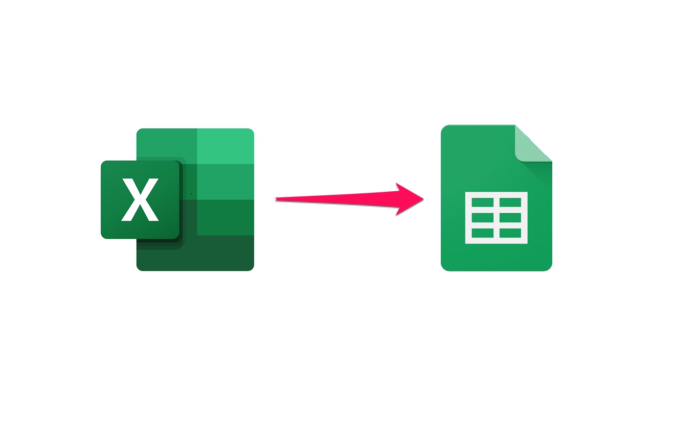 Microsoft Excel and Google Sheets with a pink arrow pointing from Excel to Google Sheets, indicating data migration or compatibility between the two spreadsheet programs.