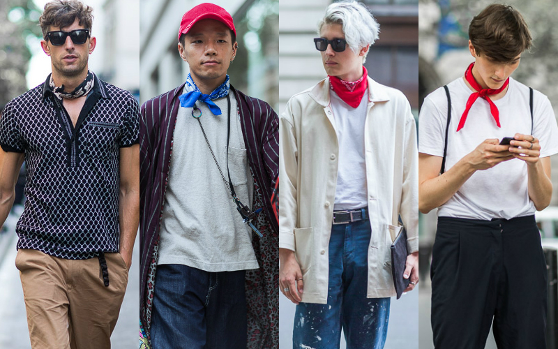 Four individuals, each incorporating a bandana into their look in different ways: as a necktie, a headband, a neckerchief, and a scarf, highlighting the accessory's versatility in men's fashion.