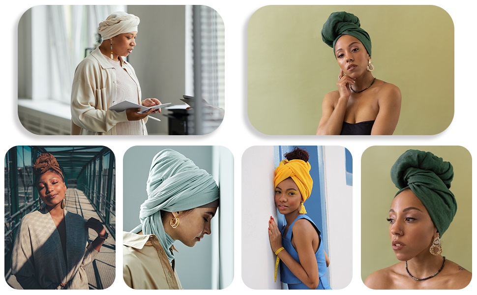 Various women elegantly adorned with headwraps in various styles and colors, showcasing the headwrap as a fashionable and cultural statement piece.