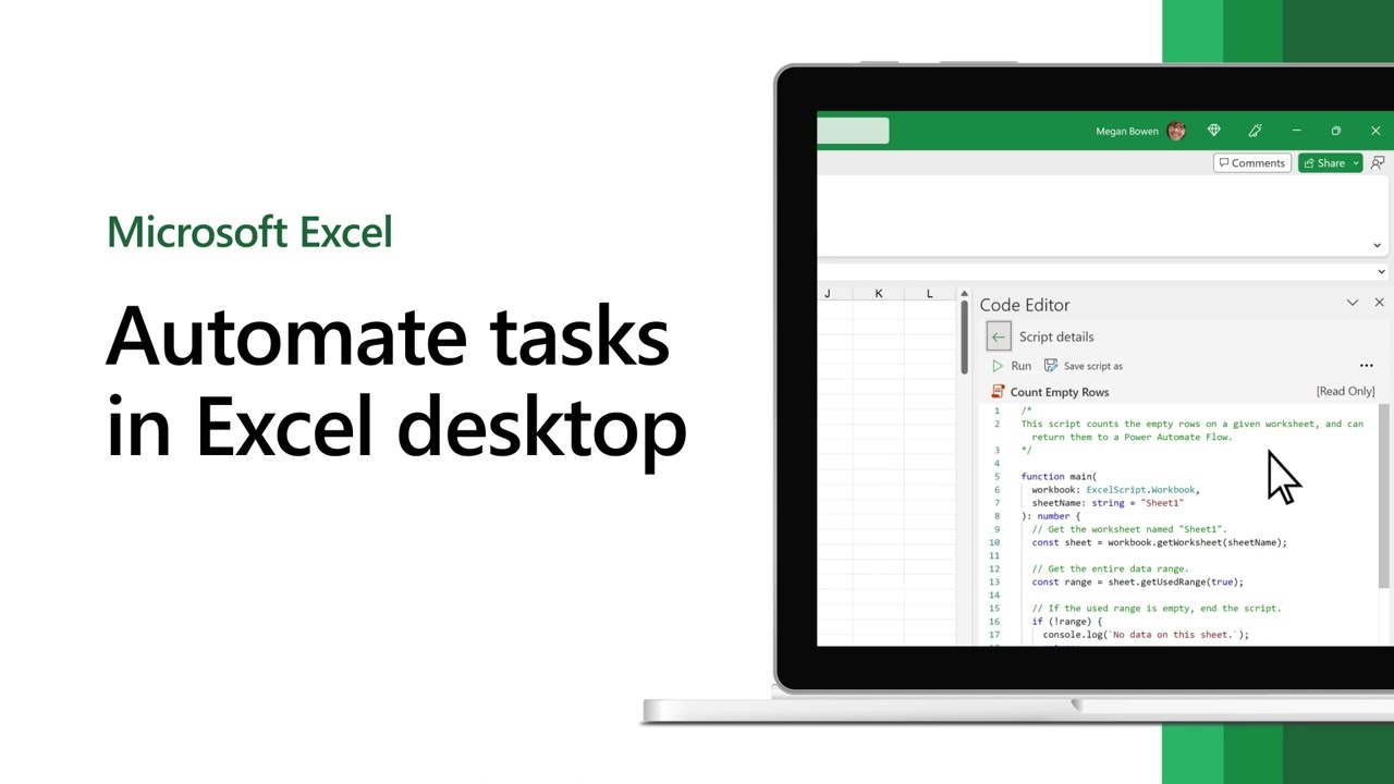  a laptop computer displaying a spreadsheet with the title "Automate tasks in Excel desktop".