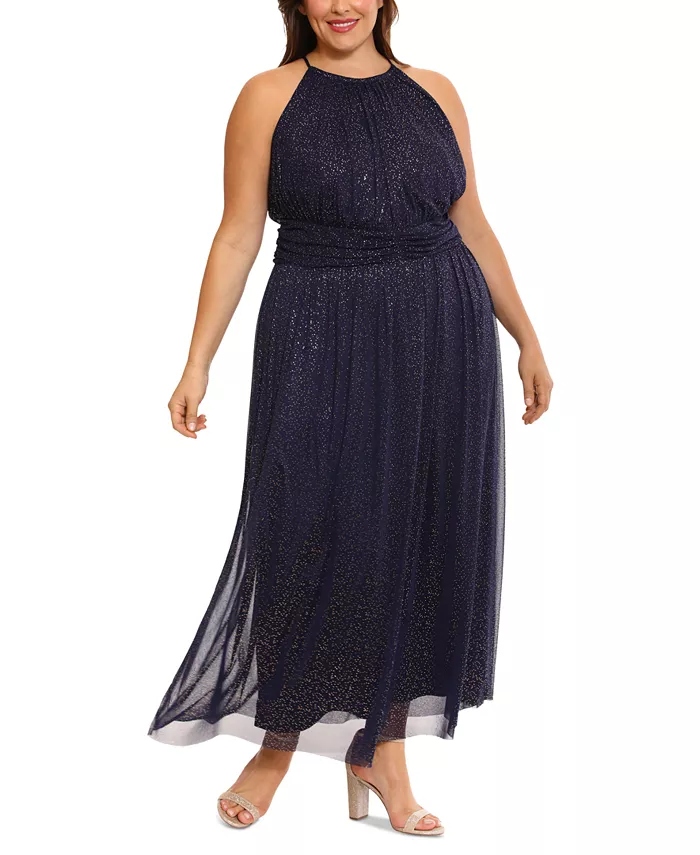 A woman in Plus Size Glitter Halter-Neck Maxi Dress