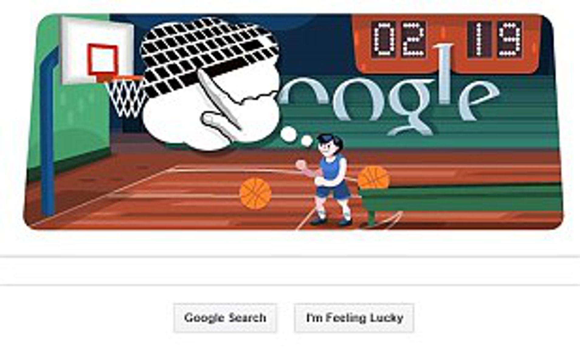 An interactive Google Doodle game where a character is dribbling a basketball, with a scoreboard indicating a score of 19 to 2.
