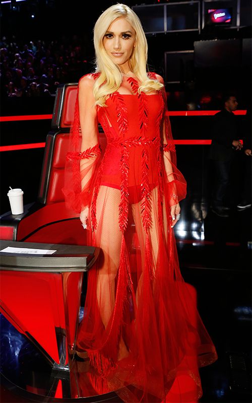 Gwen Stefani wearing a red dress