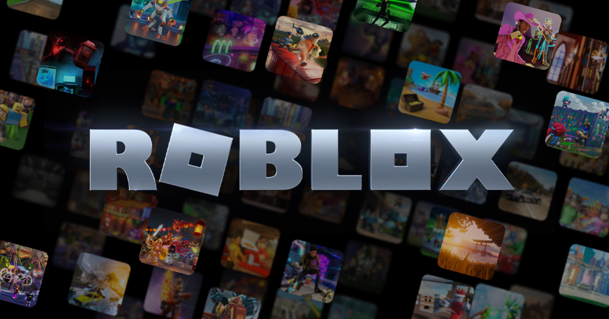 Roblox logo surrounded by a mosaic of diverse in-game scenes on a dark background.