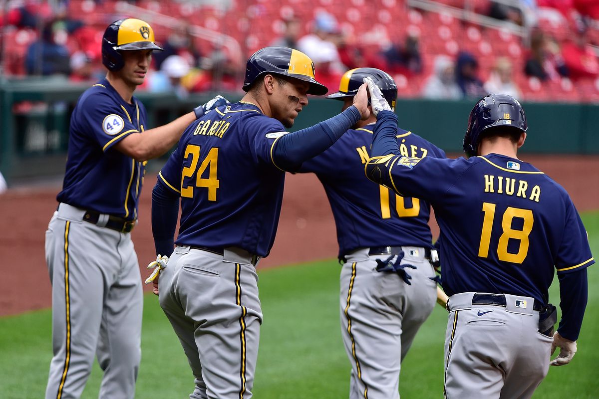 Milwaukee Brewers players in a moment of camaraderie, engaging in a celebratory gesture on the baseball field.