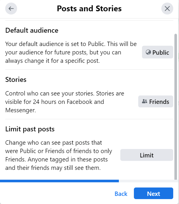 Facebook post and stories setting page