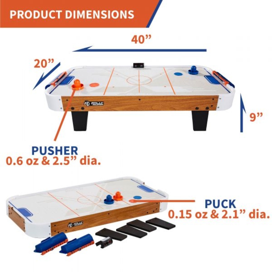 Dimensions of Rally And Roar Tabletop Air Hockey Table and its pucks and pushers