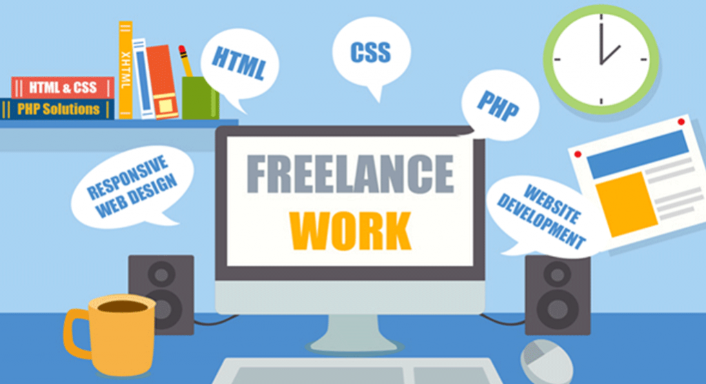 Illustration of a computer screen displaying the words "FREELANCE WORK"