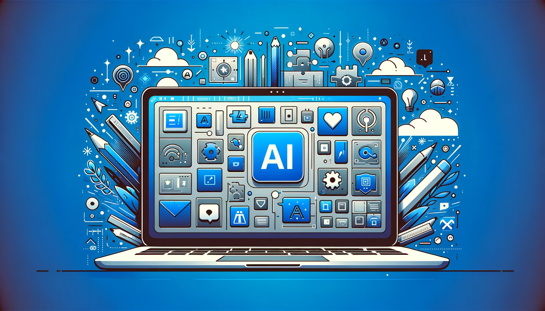 Laptop screen showcasing an array of technology and media icons, all centered around a prominent 'AI' symbol, suggesting a theme of AI integration in various digital aspects.