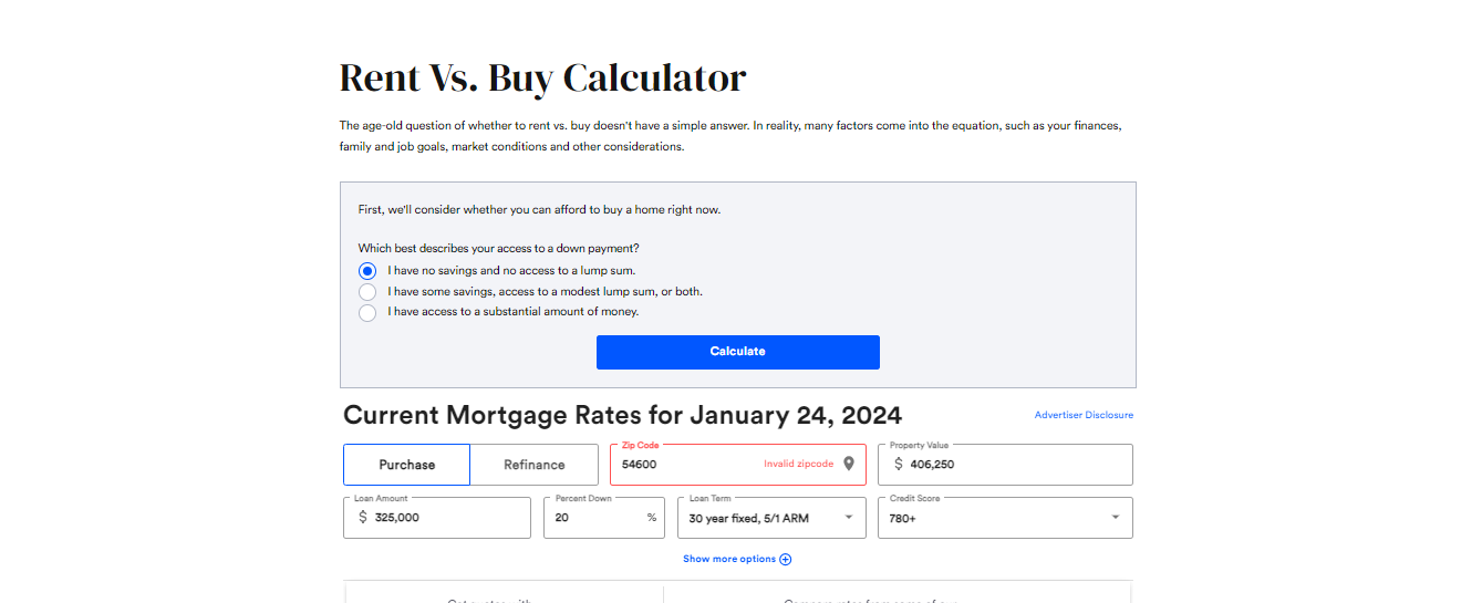 Screenshot of BankRate Rent Vs. Buy Calculator home