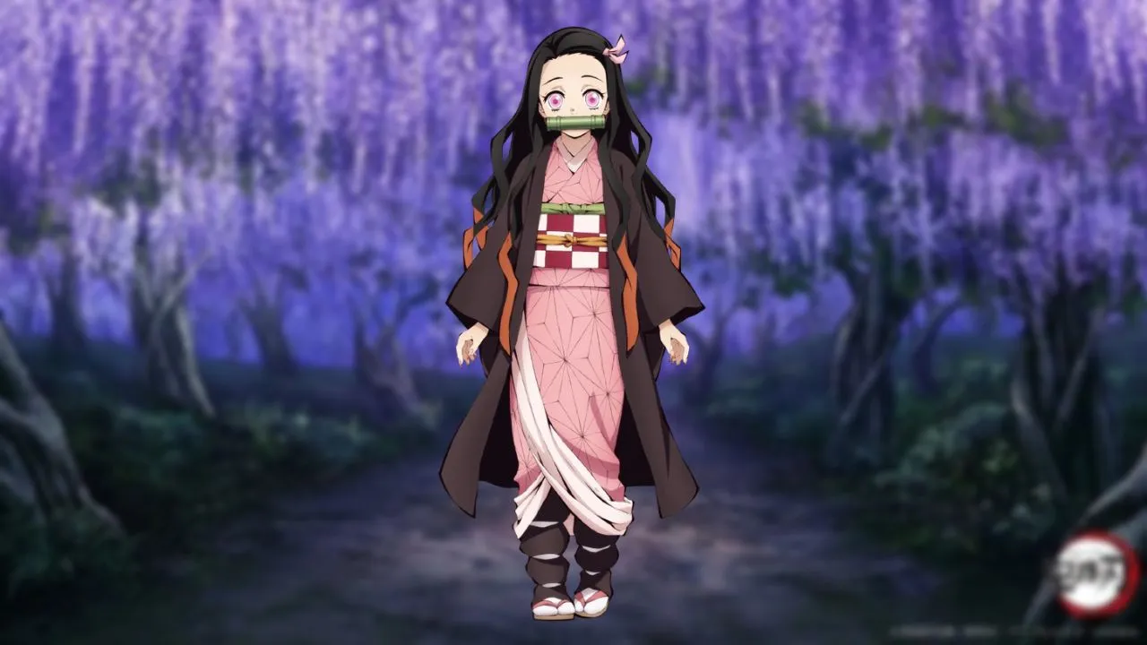 Nezuko Kamado standing with a joyful expression in a forest setting, dressed in her traditional pink kimono and dark haori, with wisteria flowers in the background.