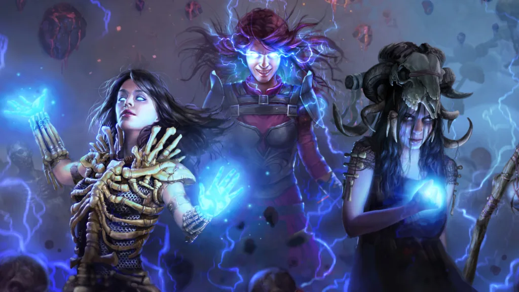 Three females characters with power using transfiguring of mind in path of exile