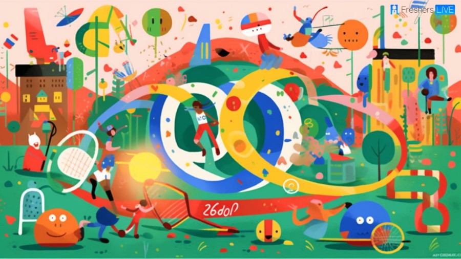 Vibrant and colorful illustration, likely a Google Doodle, celebrating a sporting event with various sports and activities depicted within the iconic Google logo.