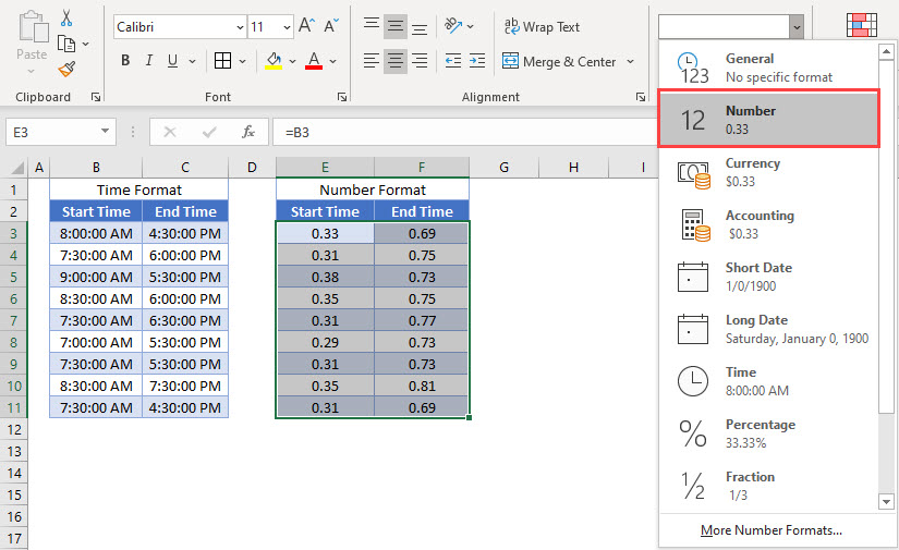 A spreadsheet with a number formats menu.