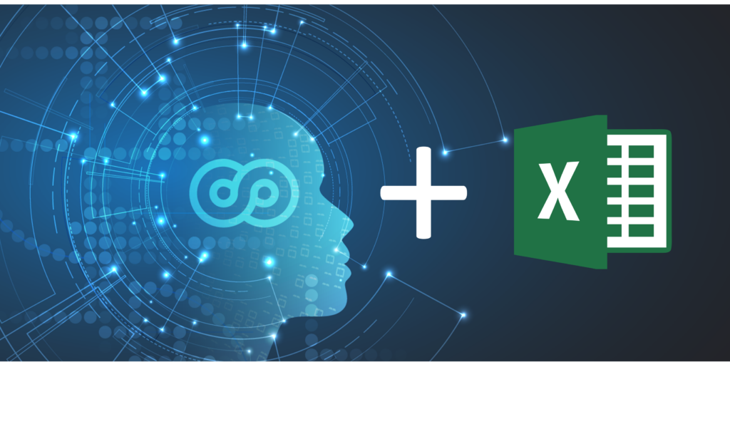 Artificial intelligence, as symbolized by the neural network and the infinity loop inside the profile of a head, with spreadsheet software, indicated by the Excel logo, implying the enhancement of data processing and analysis through AI integration.