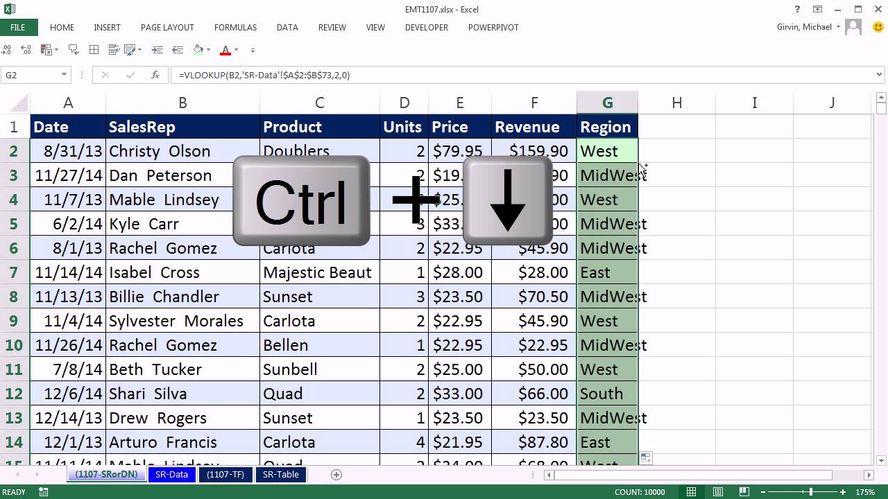 Excel spreadsheet highlighting a keyboard shortcut "Ctrl" with an arrow pointing down, indicating a method to quickly select or navigate through cells in a column.