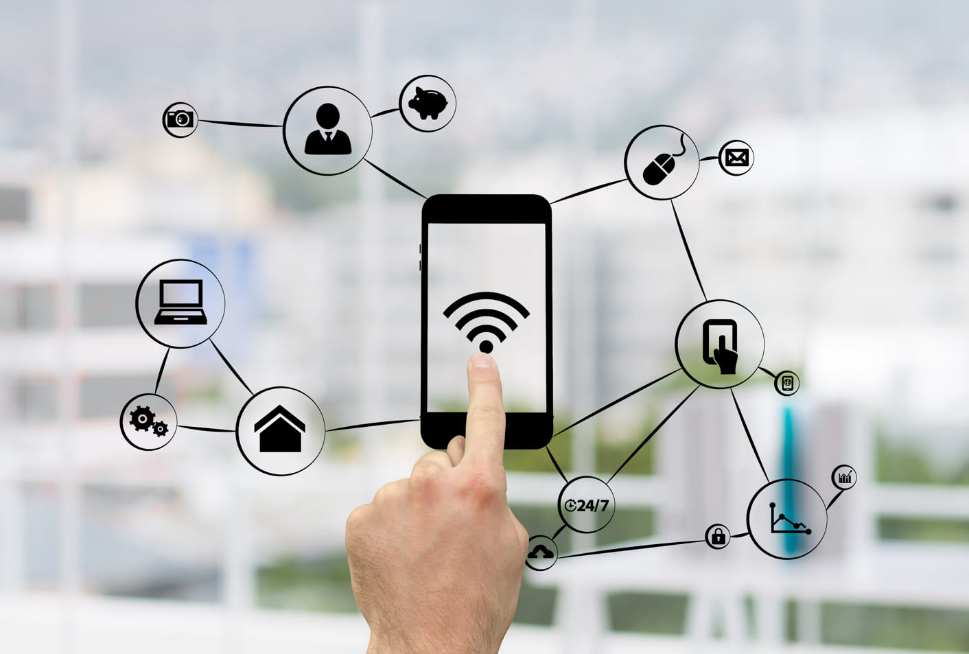 A finger touching a smartphone screen with a WiFi symbol, surrounded by icons representing various aspects of connectivity and smart technology, illustrating the concept of connected devices or the Internet of Things 