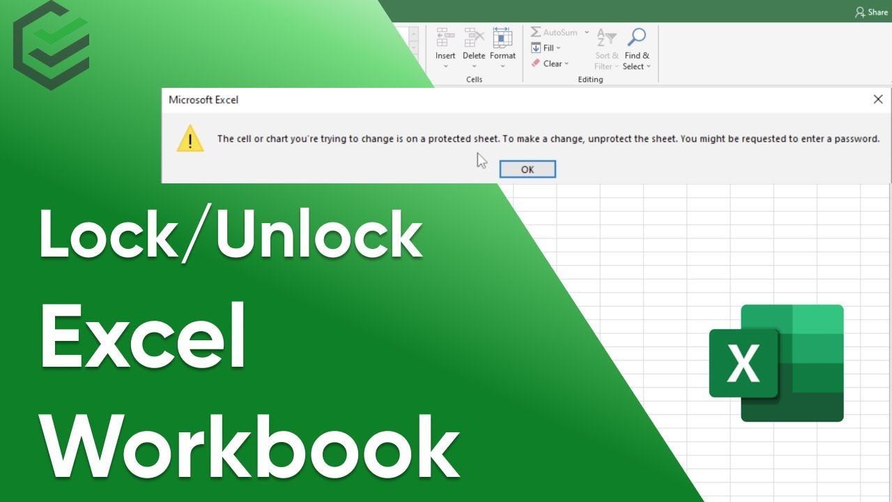 Microsoft Excel indicating that the cell or chart is on a protected sheet, with an overlay text graphic emphasizing the ability to "Lock/Unlock Excel Workbook."