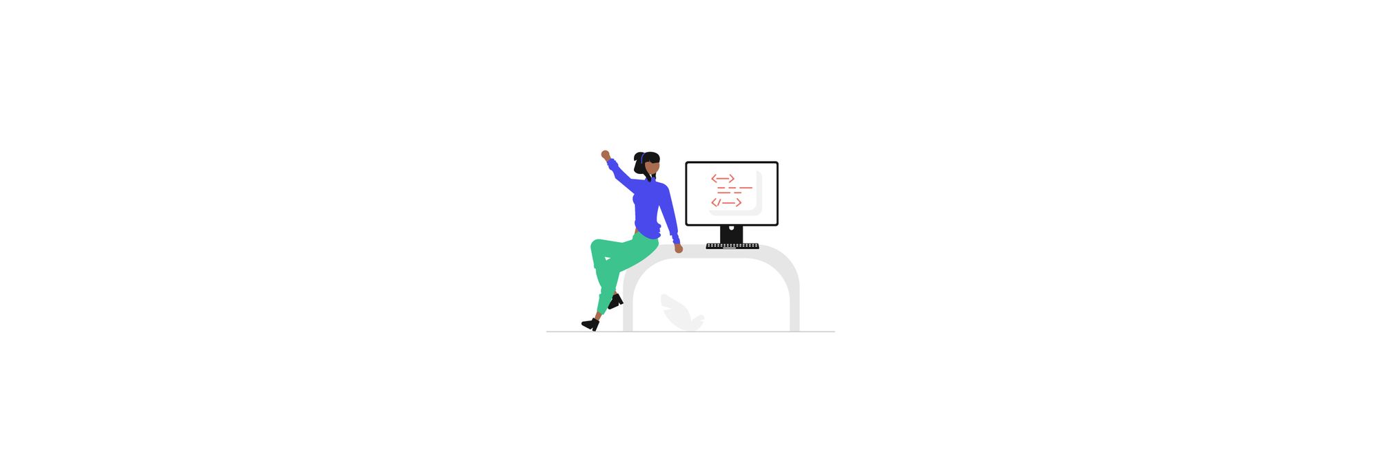 Illustration of a person in a dynamic pose interacting with a computer displaying a coding or formula error, possibly representing the challenges of troubleshooting or coding.