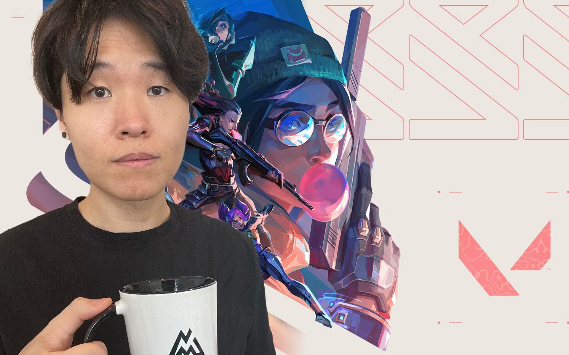 Disguised Toast holding a mug In front of a game poster