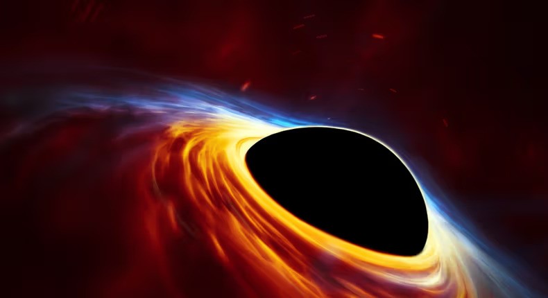 An illustration of a rapidly spinning supermassive black hole surrounded by an accretion disc