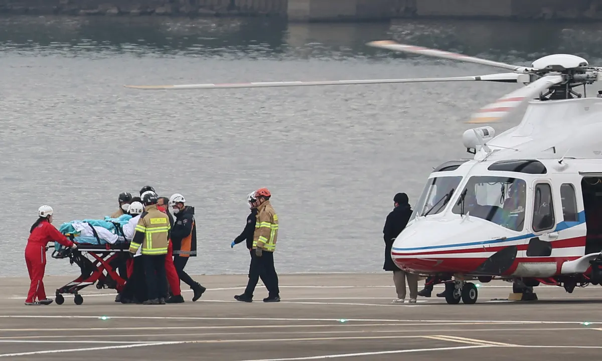 South Korean opposition party leader Lee Jae-myung, who was attacked in Busan, gets off from a helicopter on a stretcher to be transported to Seoul National University Hospital, at a heliport in Seoul on January 2.