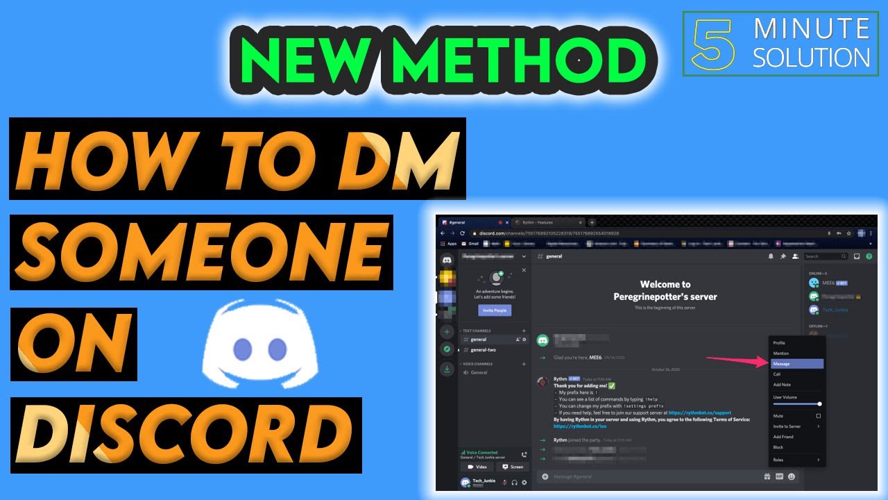 A tutorial layout with bold text stating "HOW TO DM SOMEONE ON DISCORD," highlighting a "NEW METHOD," and includes a visual of the Discord interface, suggesting instructional content on messaging techniques within the platform.