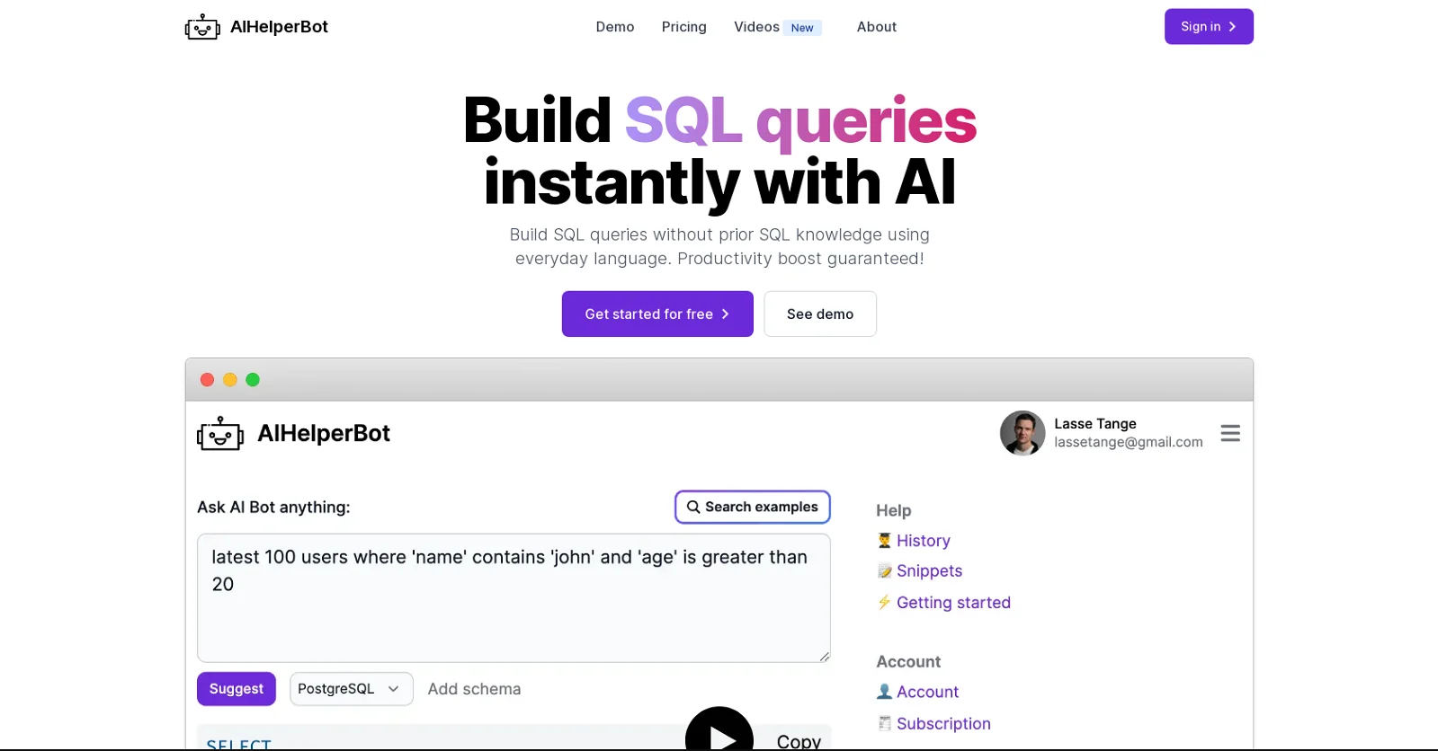 Homepage of the AI Helper Bot website
