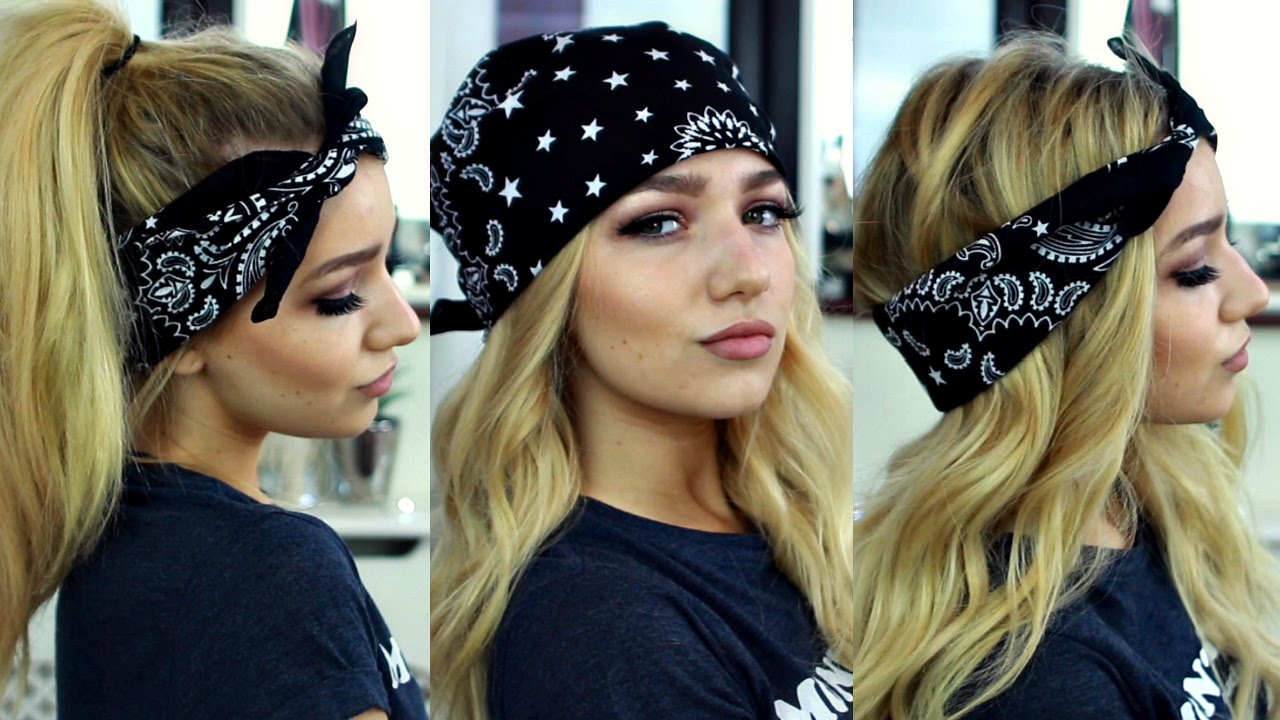 A woman from different angles wearing a classic black and white paisley bandana as a headband, highlighting a popular method of styling this versatile accessory.