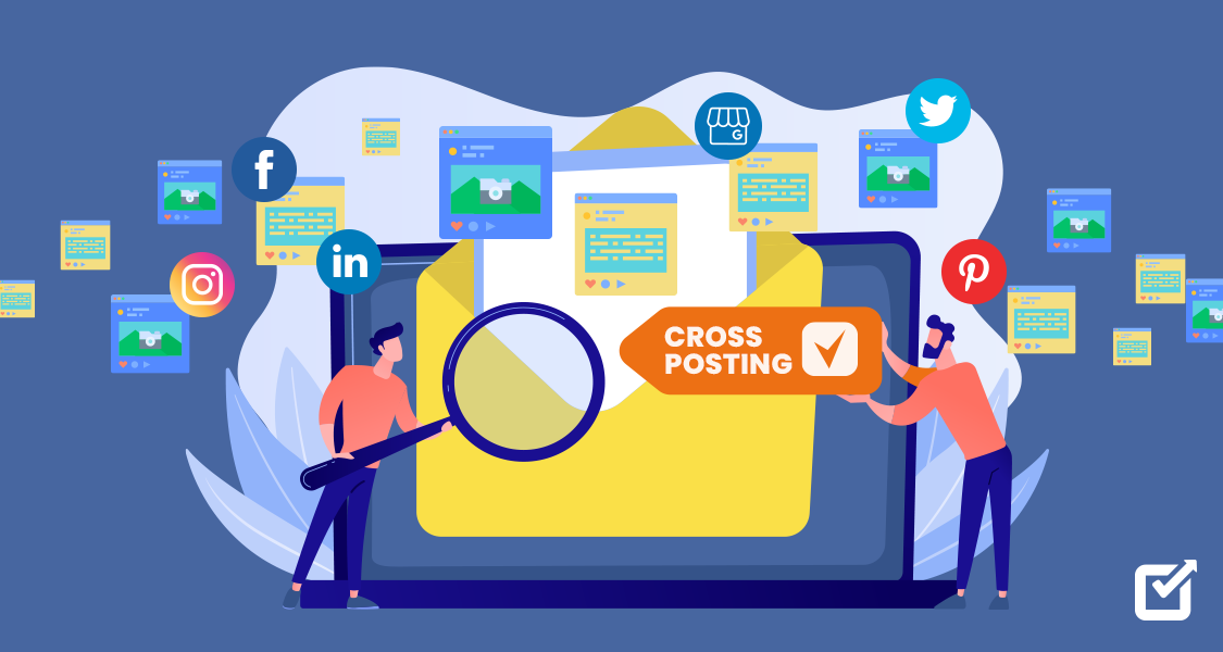 Two characters engaging with a flowchart that connects various social media platforms, highlighting the strategy of sharing content across different networks to increase visibility.