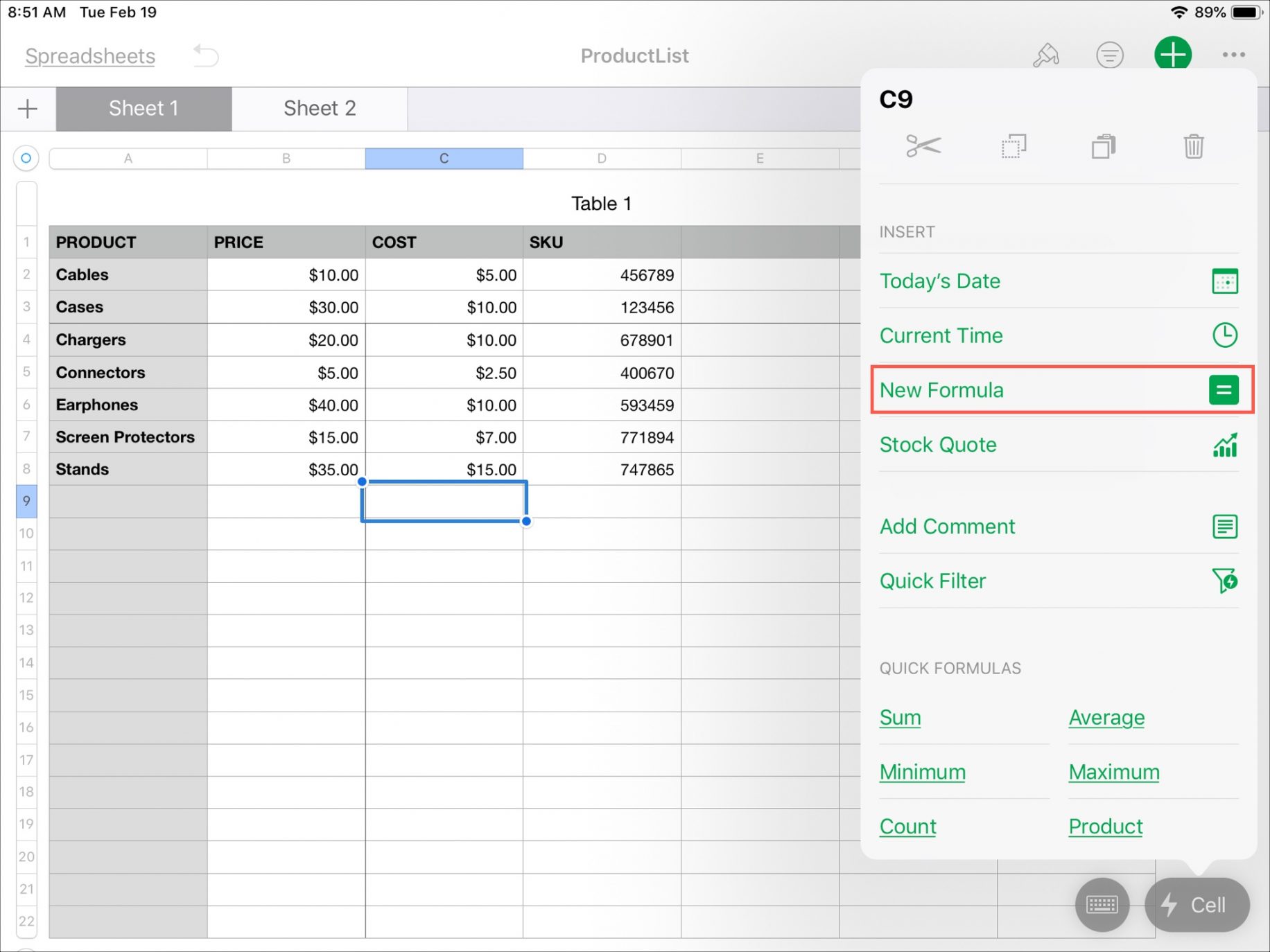 Spreadsheet in Numbers for Mac.