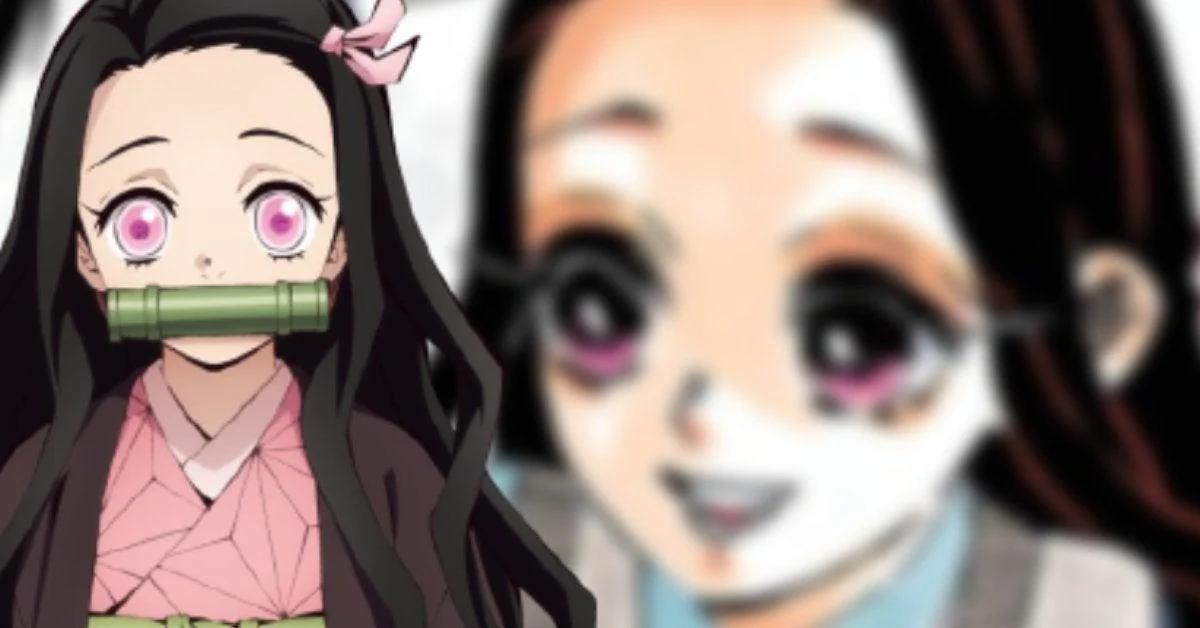 Split view of two animated characters with contrasting expressions-one appearing surprised and innocent, the other smiling and enigmatic—with a bamboo bit held in the mouth of the character on the left, common in certain styles of anime.