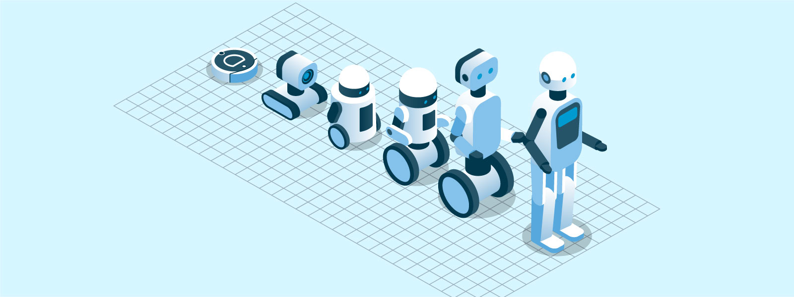Various robotic designs on a grid, showcasing an evolution of robotics from simple to more complex humanoid forms, possibly indicating advancements in robotic technology.