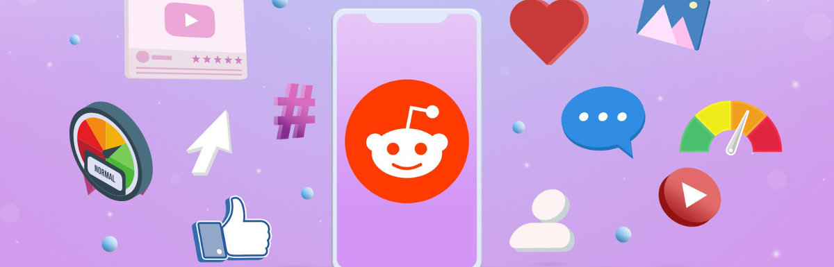 A colorful array of social media and internet-related icons and symbols, with the Reddit mascot prominently displayed on a smartphone screen, symbolizing the integration of Reddit into the broader social media landscape.