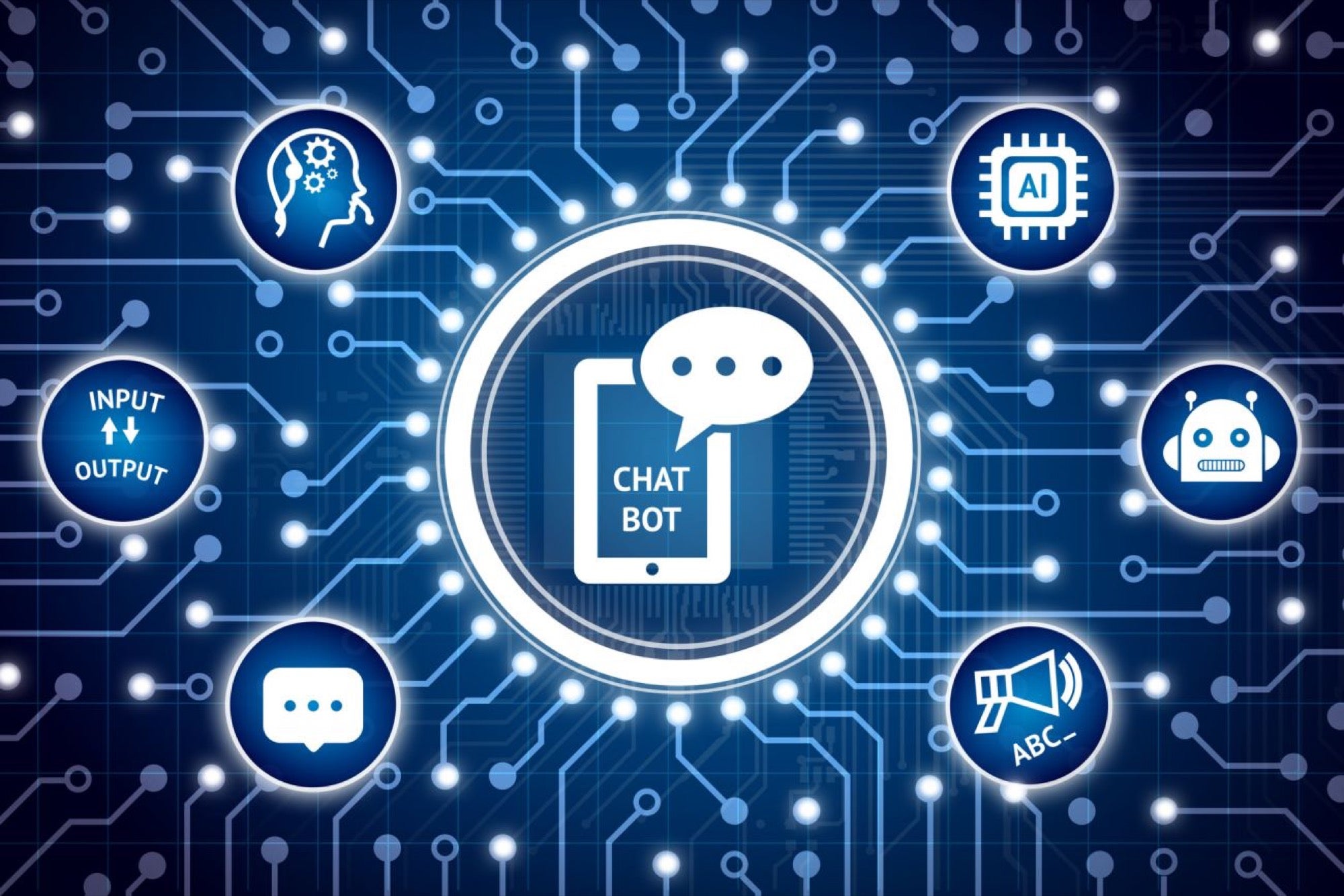 Chatbot icon at the center of a digital network with various AI and machine learning symbols, suggesting the integration of chatbots with advanced technology systems.